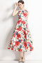 Vintage Fall Jacquard Floral Print, O-Neck, A-Line Flared Midi Cocktail Dress
